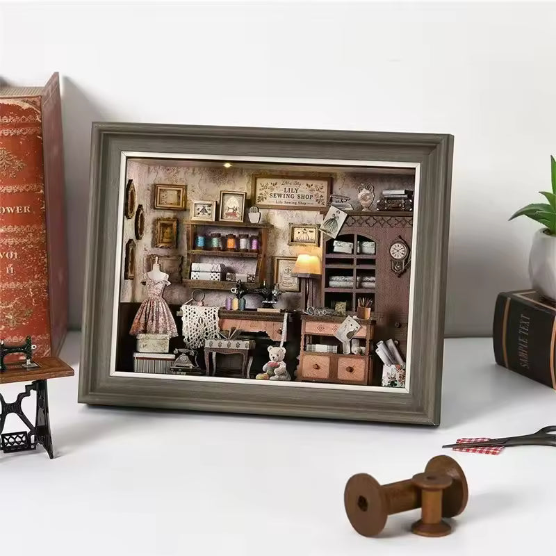 DIY Book Nook Bookshop Kit Photo Miniature Wooden Dollhouse with Light Bookshelf Insert 3D Puzzle Decor For Friend Birthday Gift