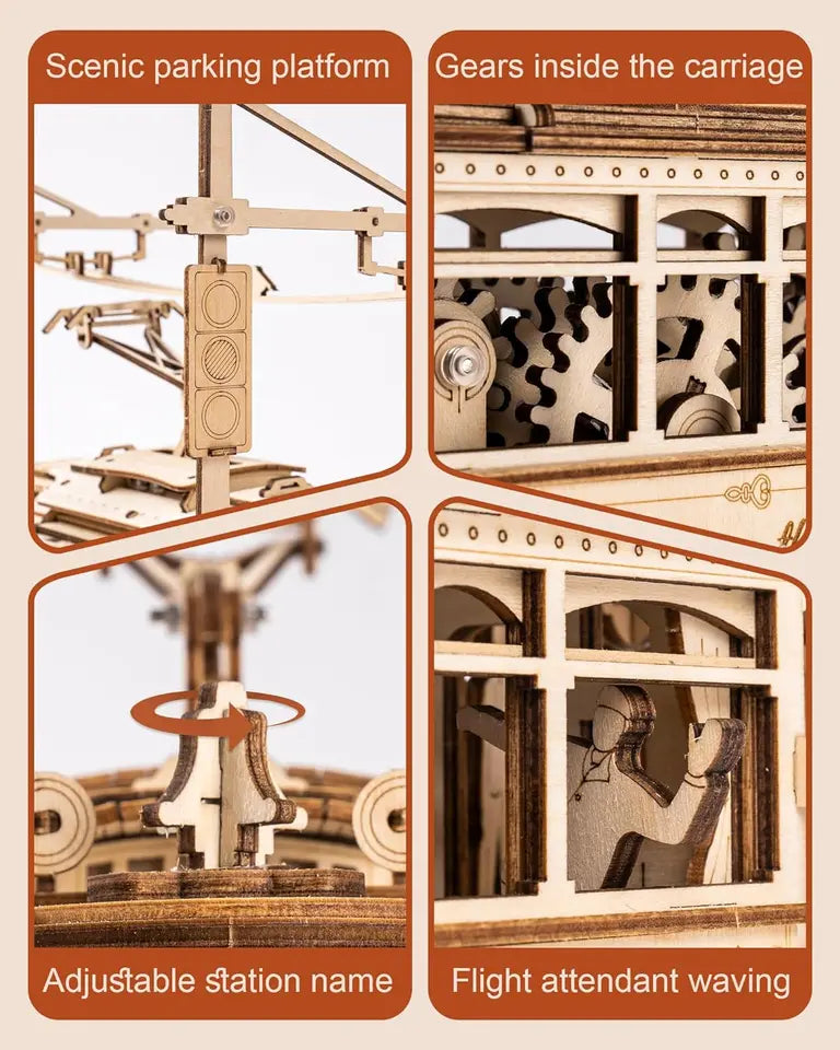 Wooden Toy Tram Train Set 3D Wooden Puzzles Model Car Kits with Railway  for Adults to Build for Christmas