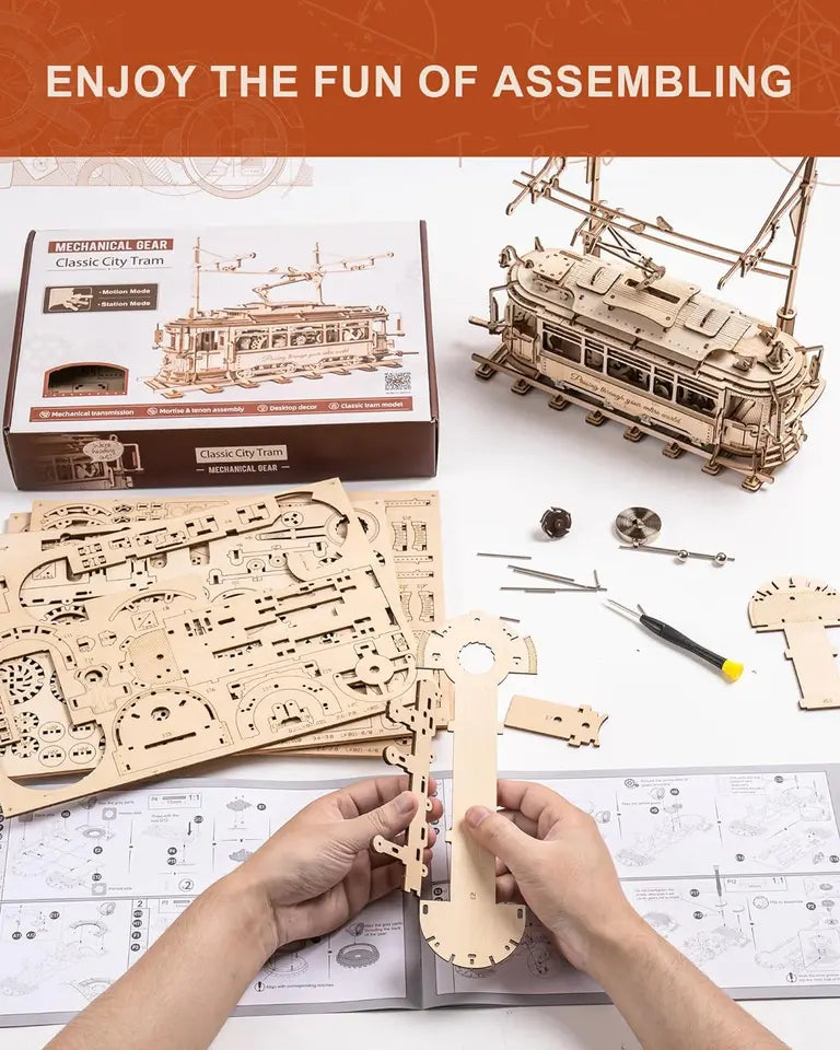 Wooden Toy Tram Train Set 3D Wooden Puzzles Model Car Kits with Railway  for Adults to Build for Christmas