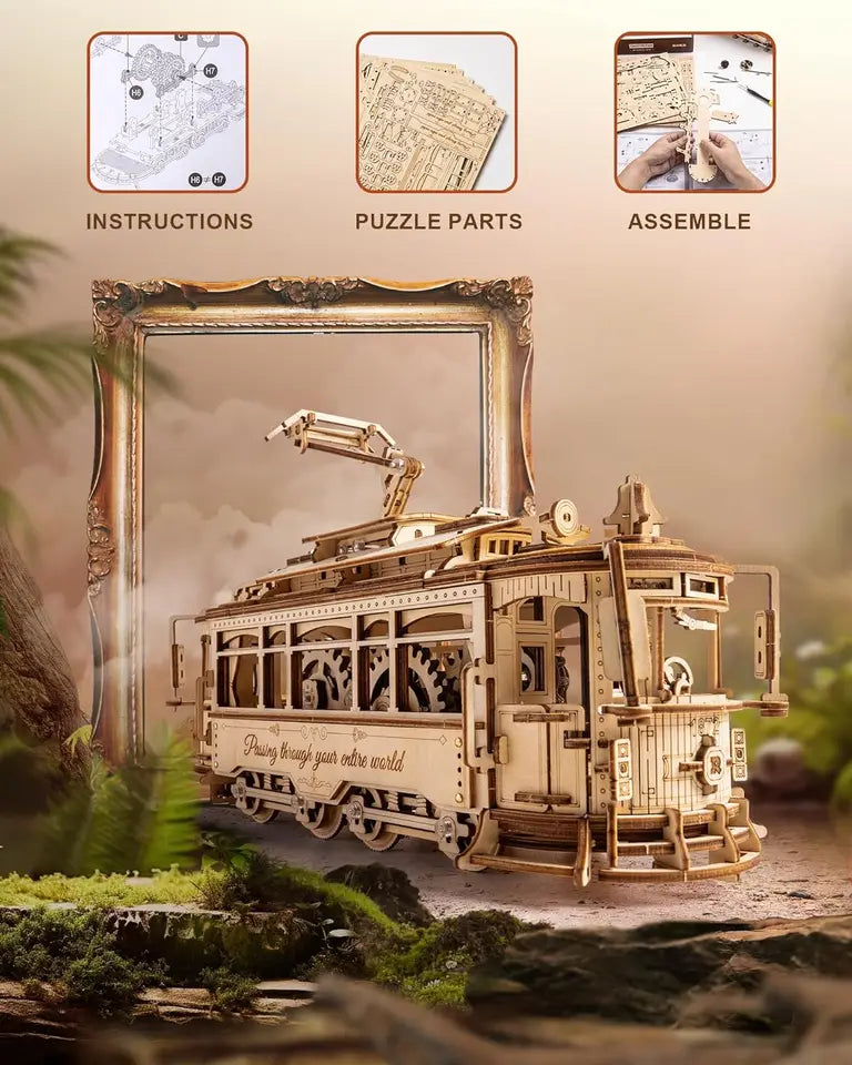 Wooden Toy Tram Train Set 3D Wooden Puzzles Model Car Kits with Railway  for Adults to Build for Christmas
