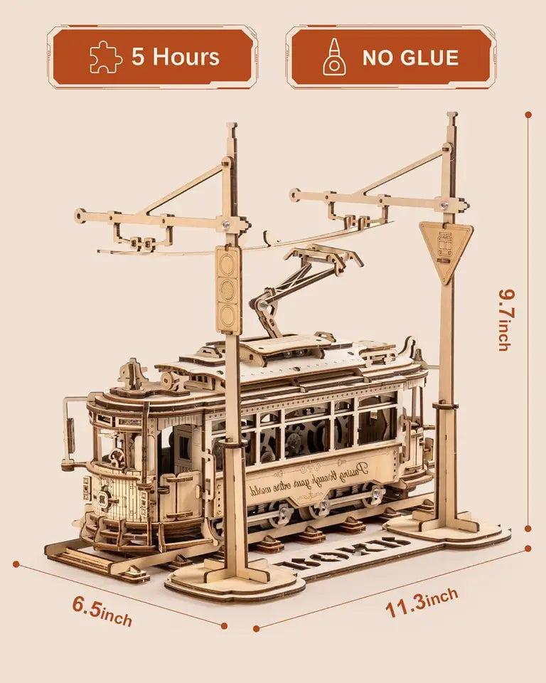 Wooden Toy Tram Train Set 3D Wooden Puzzles Model Car Kits with Railway  for Adults to Build for Christmas