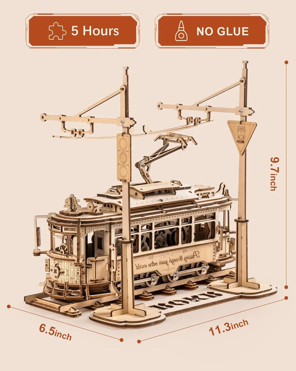 Wooden Toy Tram Train Set 3D Wooden Puzzles Model Car Kits with Railway  for Adults to Build for Christmas