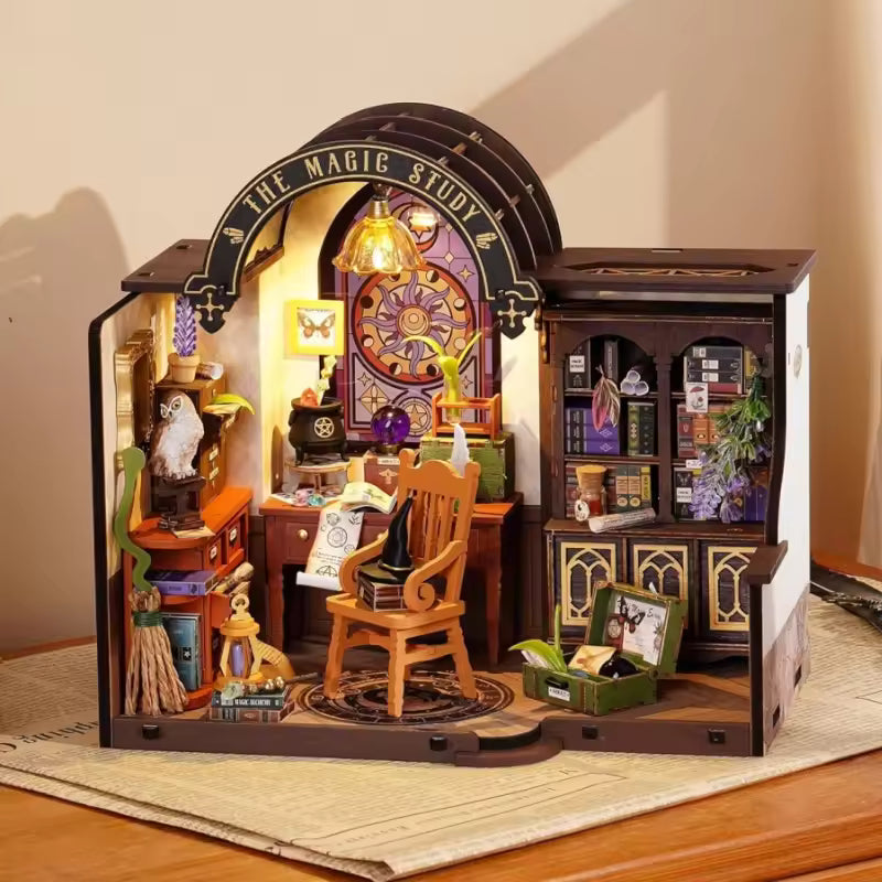 DIY Miniature House Kit-The Magic Study kit with LED and Furniture Wooden Dollhouse Model Building Kit Gift for Adults