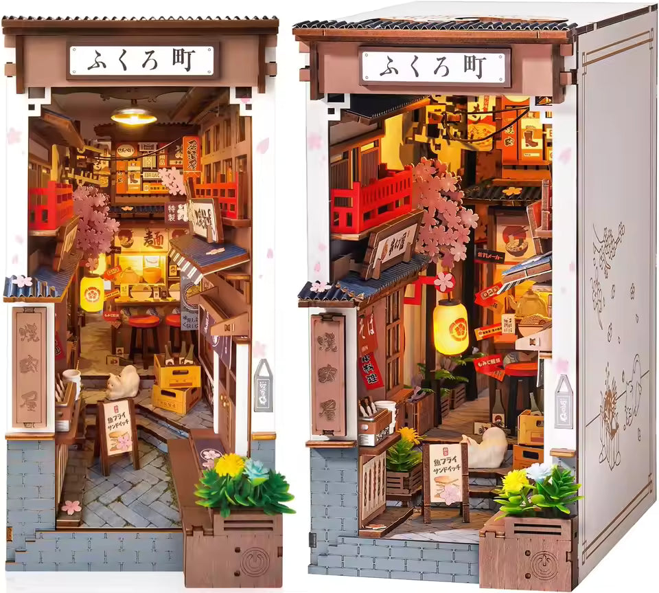 Sakura Wine Alley DIY Booknook with Lights DIY Miniature Dolls House Kit 3D Wooden Puzzle Bookend Bookshelf Decor Gift