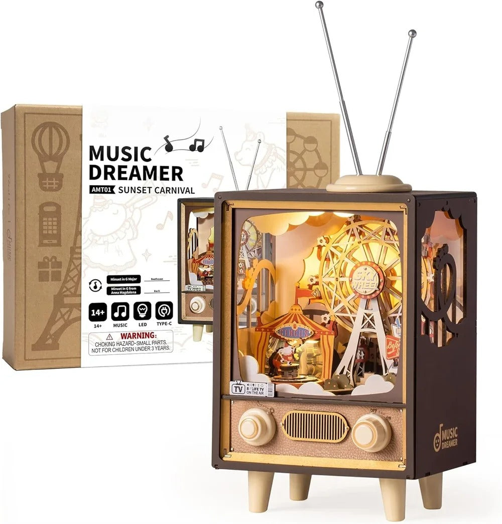 Music Box Sunset Carnival with Light 3D Wooden Puzzle Kits Toys for Children Kids Birthday Gifts AMT01