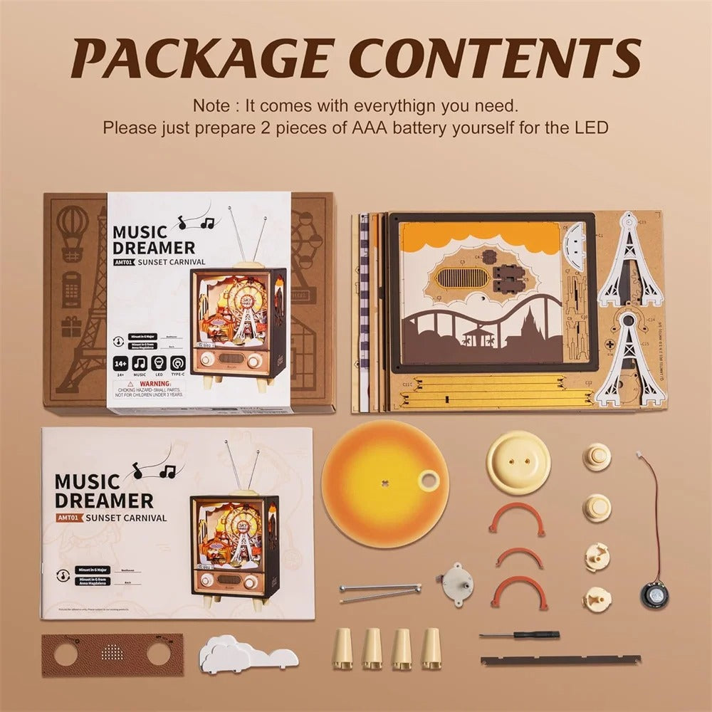 Music Box Sunset Carnival with Light 3D Wooden Puzzle Kits Toys for Children Kids Birthday Gifts AMT01