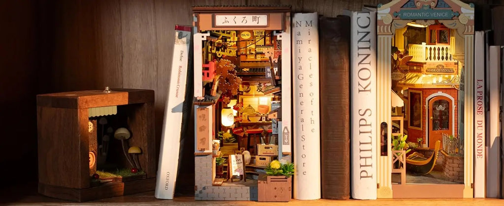 Sakura Wine Alley DIY Booknook with Lights DIY Miniature Dolls House Kit 3D Wooden Puzzle Bookend Bookshelf Decor Gift