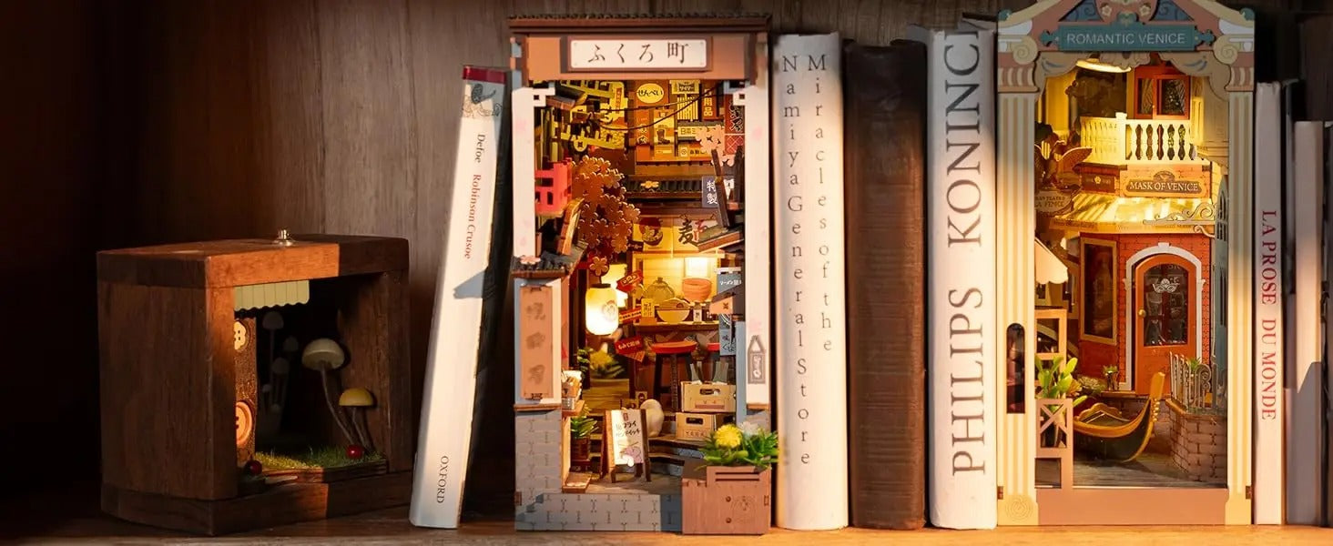 Sakura Wine Alley DIY Booknook with Lights DIY Miniature Dolls House Kit 3D Wooden Puzzle Bookend Bookshelf Decor Gift