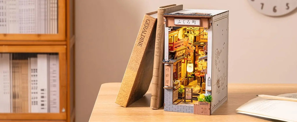 Sakura Wine Alley DIY Booknook with Lights DIY Miniature Dolls House Kit 3D Wooden Puzzle Bookend Bookshelf Decor Gift