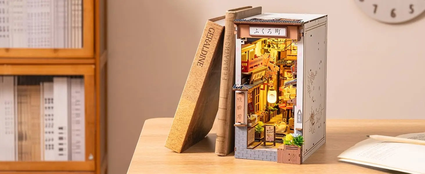 Sakura Wine Alley DIY Booknook with Lights DIY Miniature Dolls House Kit 3D Wooden Puzzle Bookend Bookshelf Decor Gift