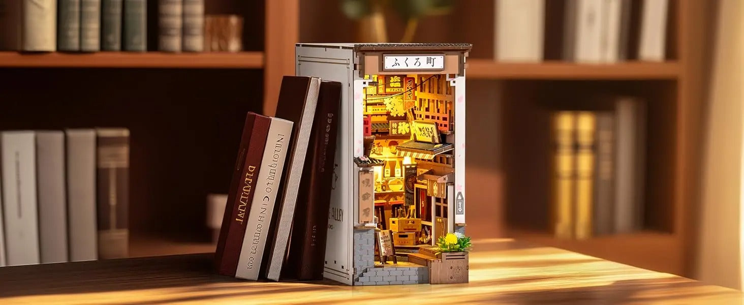 Sakura Wine Alley DIY Booknook with Lights DIY Miniature Dolls House Kit 3D Wooden Puzzle Bookend Bookshelf Decor Gift
