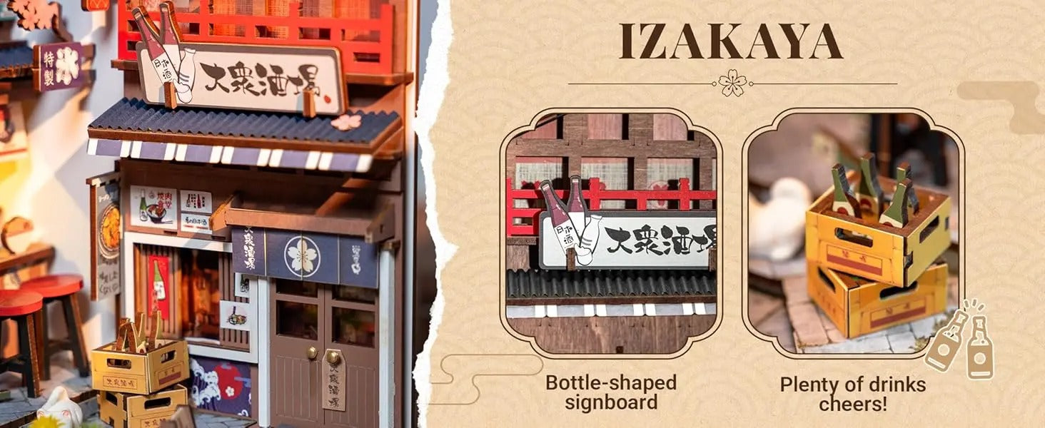 Sakura Wine Alley DIY Booknook with Lights DIY Miniature Dolls House Kit 3D Wooden Puzzle Bookend Bookshelf Decor Gift