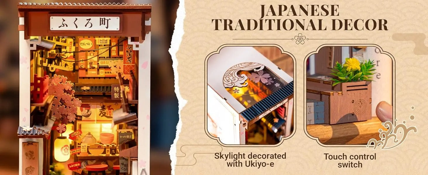 Sakura Wine Alley DIY Booknook with Lights DIY Miniature Dolls House Kit 3D Wooden Puzzle Bookend Bookshelf Decor Gift