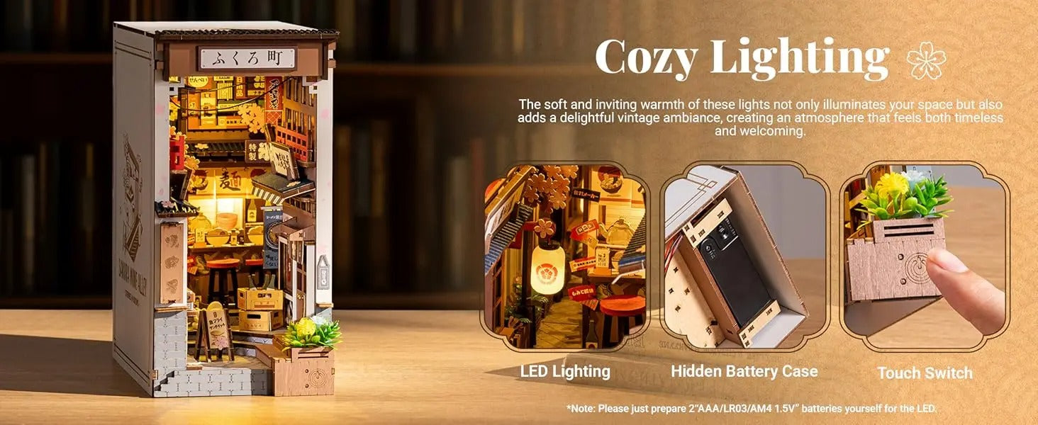 Sakura Wine Alley DIY Booknook with Lights DIY Miniature Dolls House Kit 3D Wooden Puzzle Bookend Bookshelf Decor Gift