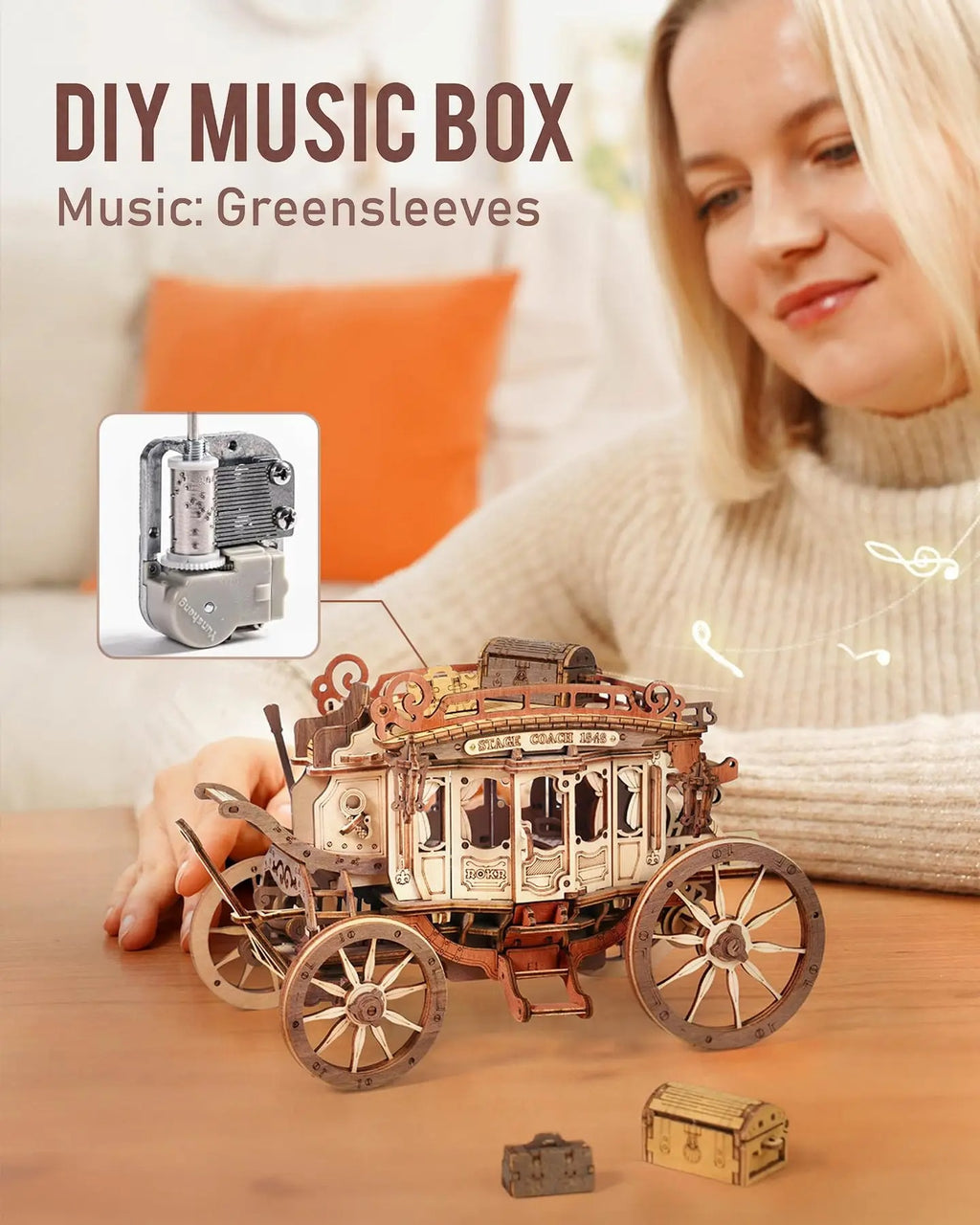 Stagecoach Music Box 3D wooden puzzle for Adults Birthday Anniversary Day Gift Hobby STEM Kits Model Easy to Build